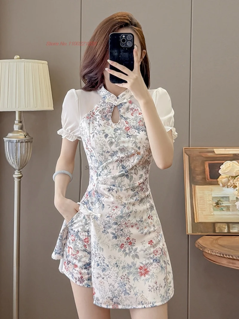 

2026 chinese sexy nightclub dress improved cheongsam retro flower print mesh sleeve qipao dress+shorts set hotel spa work dress