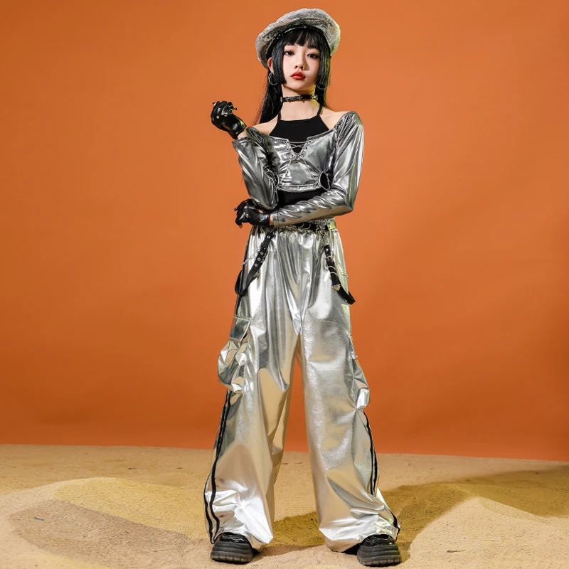 Mädchen Hip Hop Kleidung K-pop Shiny Crop Tops Street Dance Outfits Silber Hosen Kinder Streetwear Kind Jazz Kostüm Kleidung Sets
