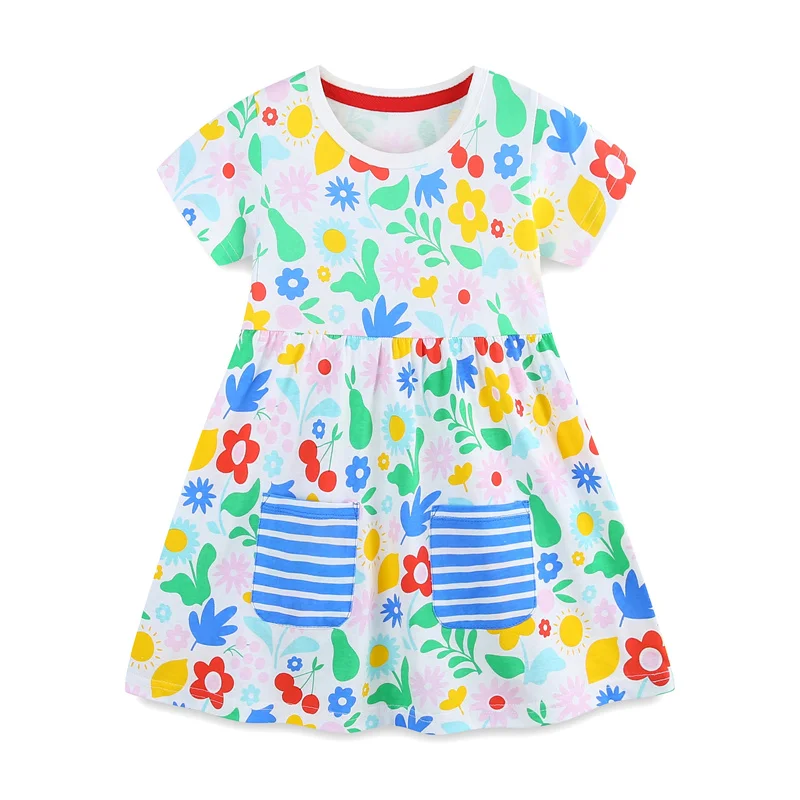 

2-7T Jumping Meters All Printed Pockets Girls Dresses Princess Summer Short Sleeve Baby Clothing Cotton Kids Frocks Dresses