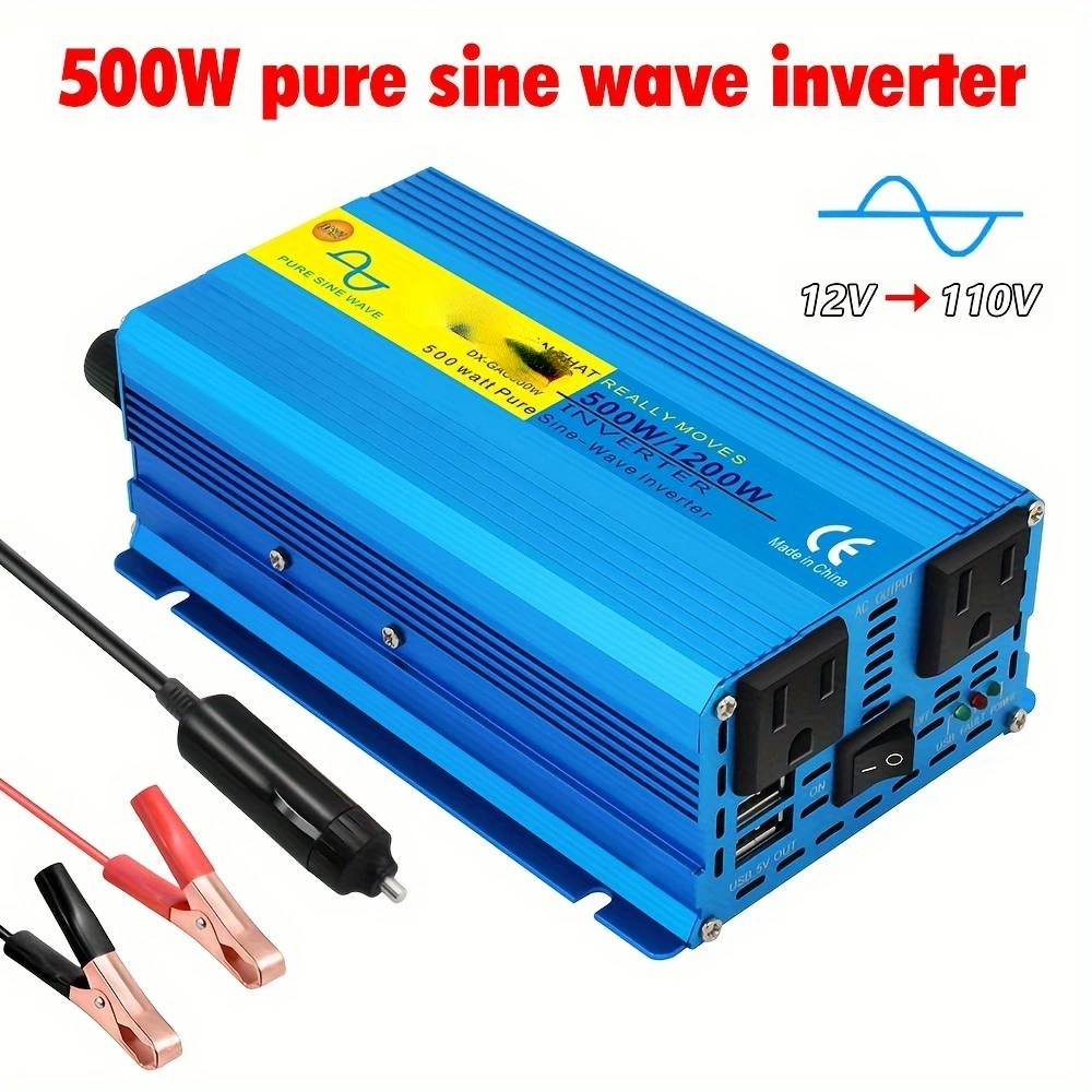 500W/1200W (peak) pure sine wave inverter 12V to 110V AC power inverter converter with 3.1A USB car adapter and cigarette lighte