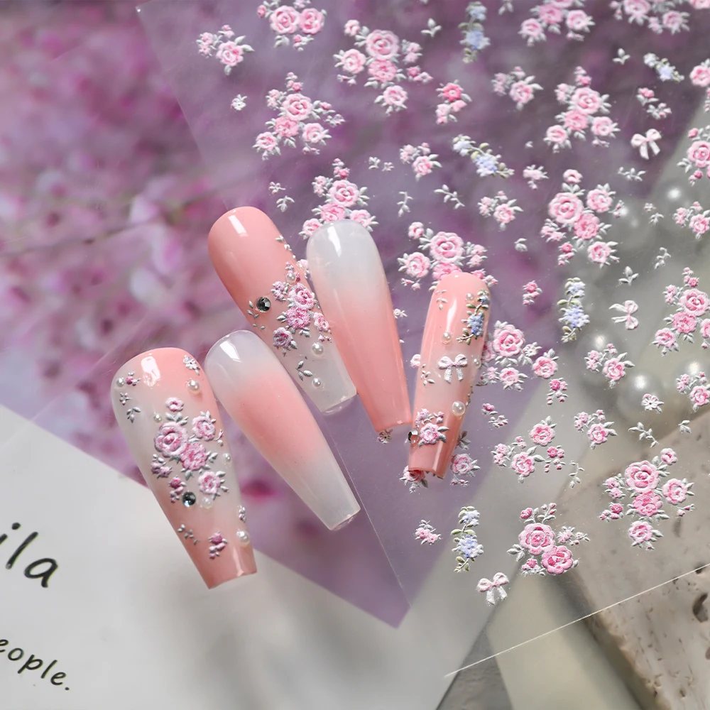 5D Exquisite Pink Rose Floral Nail Stickers Relief Blossom R