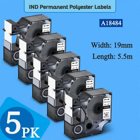 5PK IND 영구 폴리에스테르 라벨 테이프, Dymo Rhino 1000 Rhino 5000 5200 라벨 프린터 호환, 19mm A18484