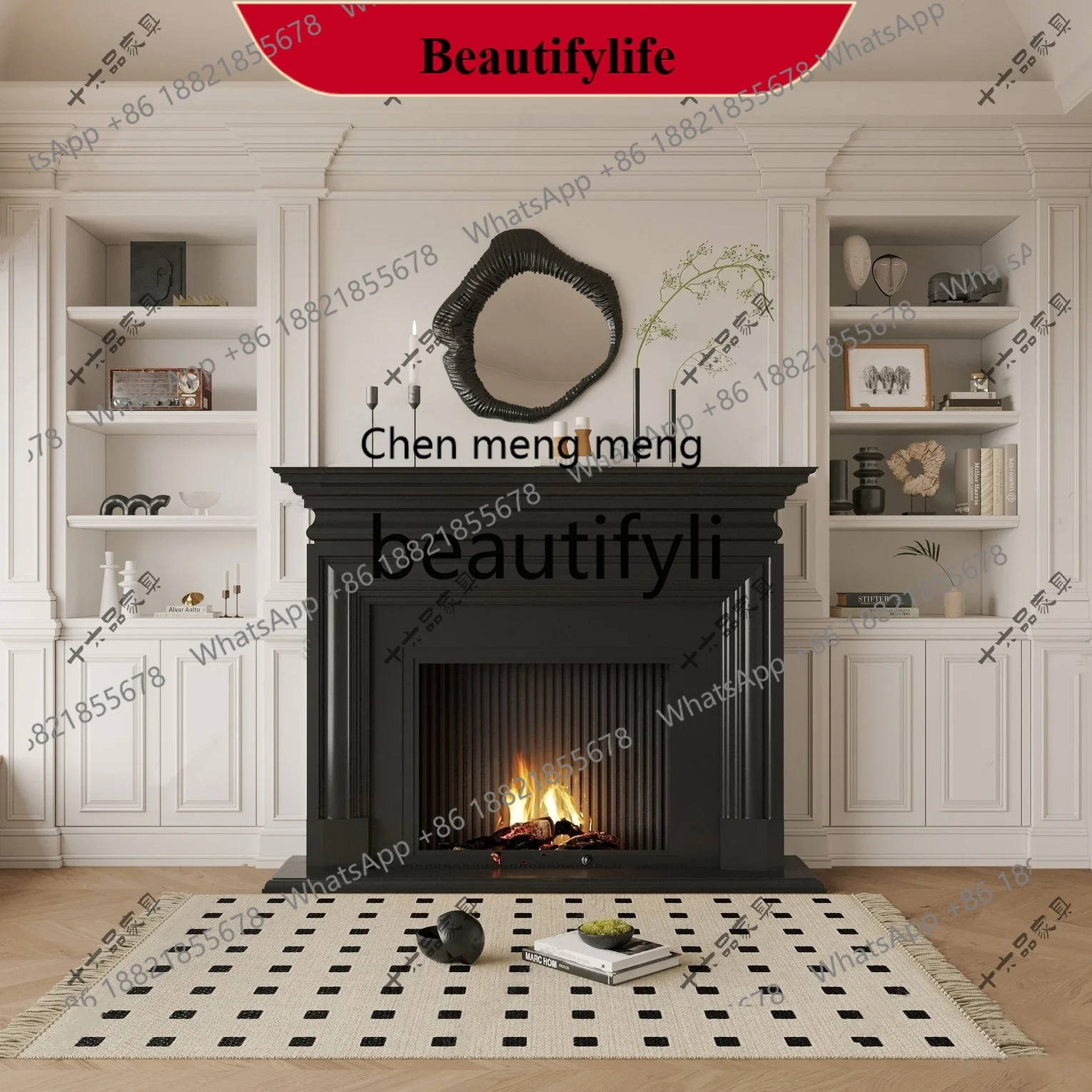 D178 French Vintage Style Solid Wood Fireplace Mantel American Wabi-Sabi Entryway Cabinet Modern Minimalist Decorative Cabinet
