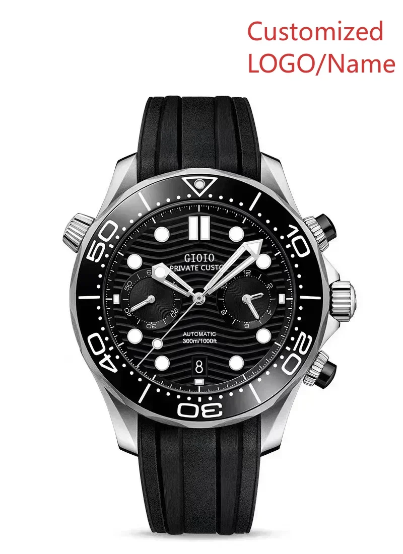 44mm 남성용 쿼츠 크로노그래프 시계 야광 고무 블랙 블루 세라믹 로즈 골드 스테인리스 스틸 맞춤형