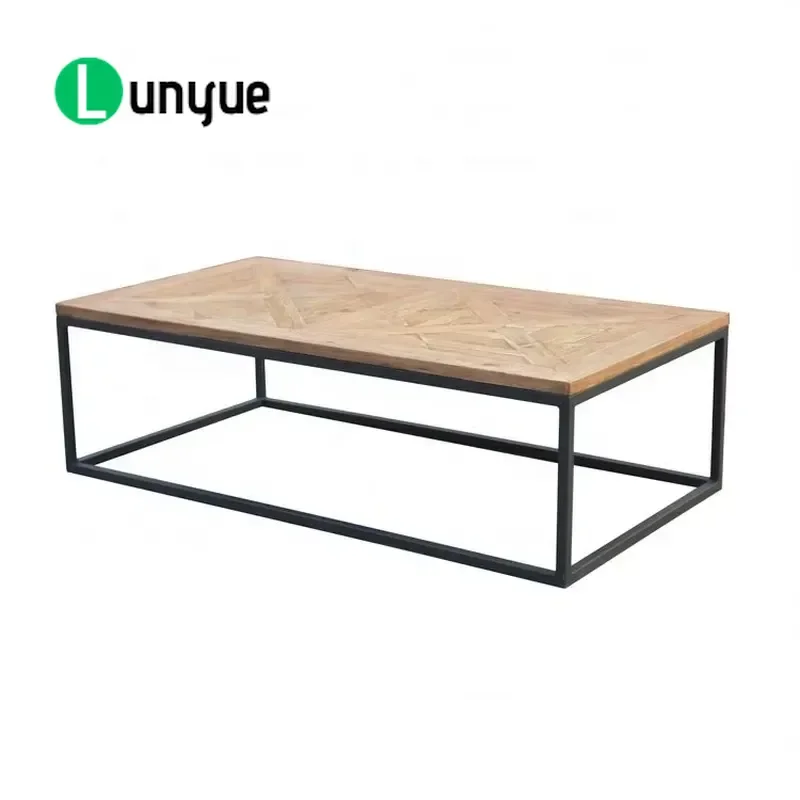 E10 Modern Industrial Pine Wood Top Black Metal Frame Tea Table Side Table for Living Room Bedroom Rustic Recycled Design