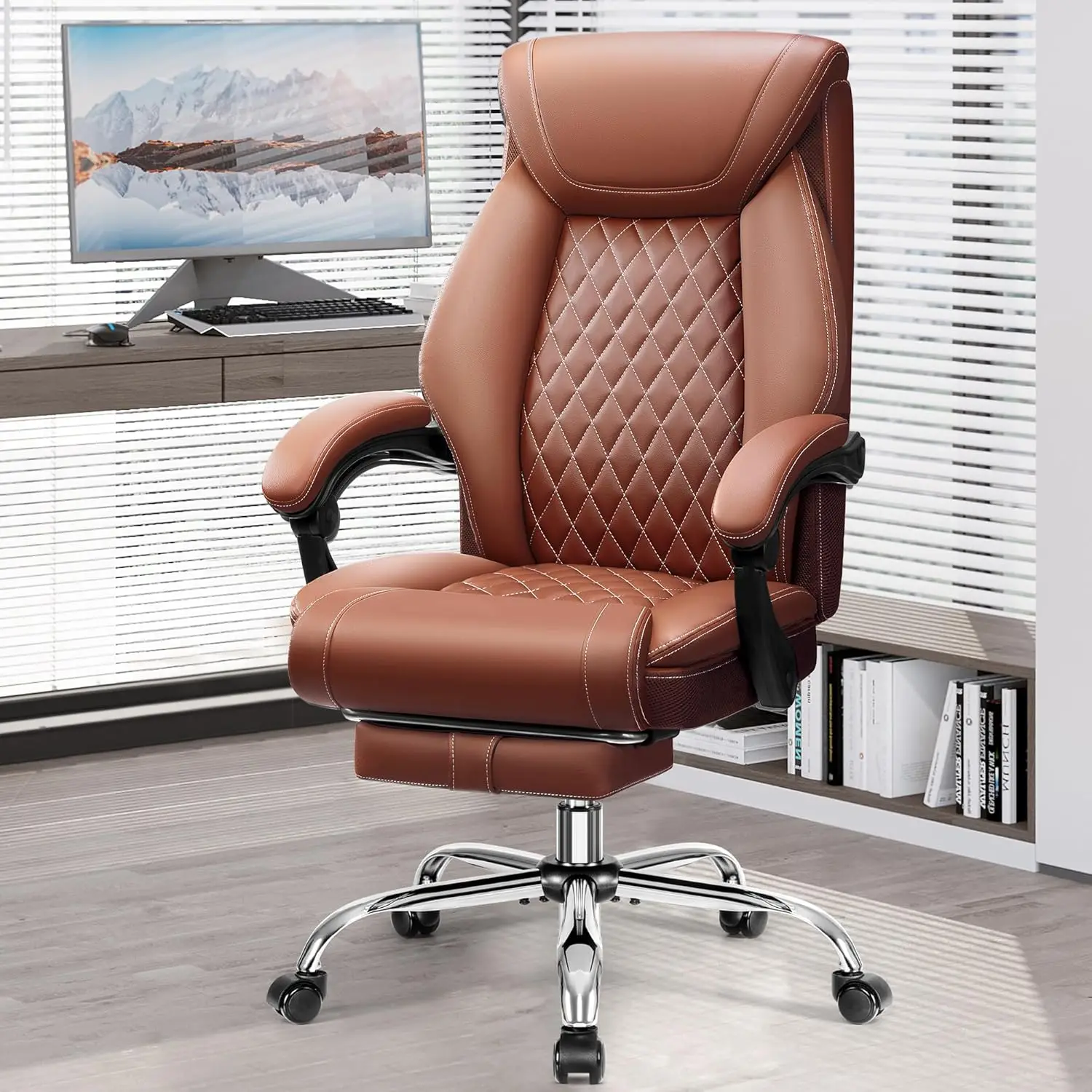 Executive Leather Chair Adjustable High Back, Ergonomic Computer Desk Chair Lumbar Support