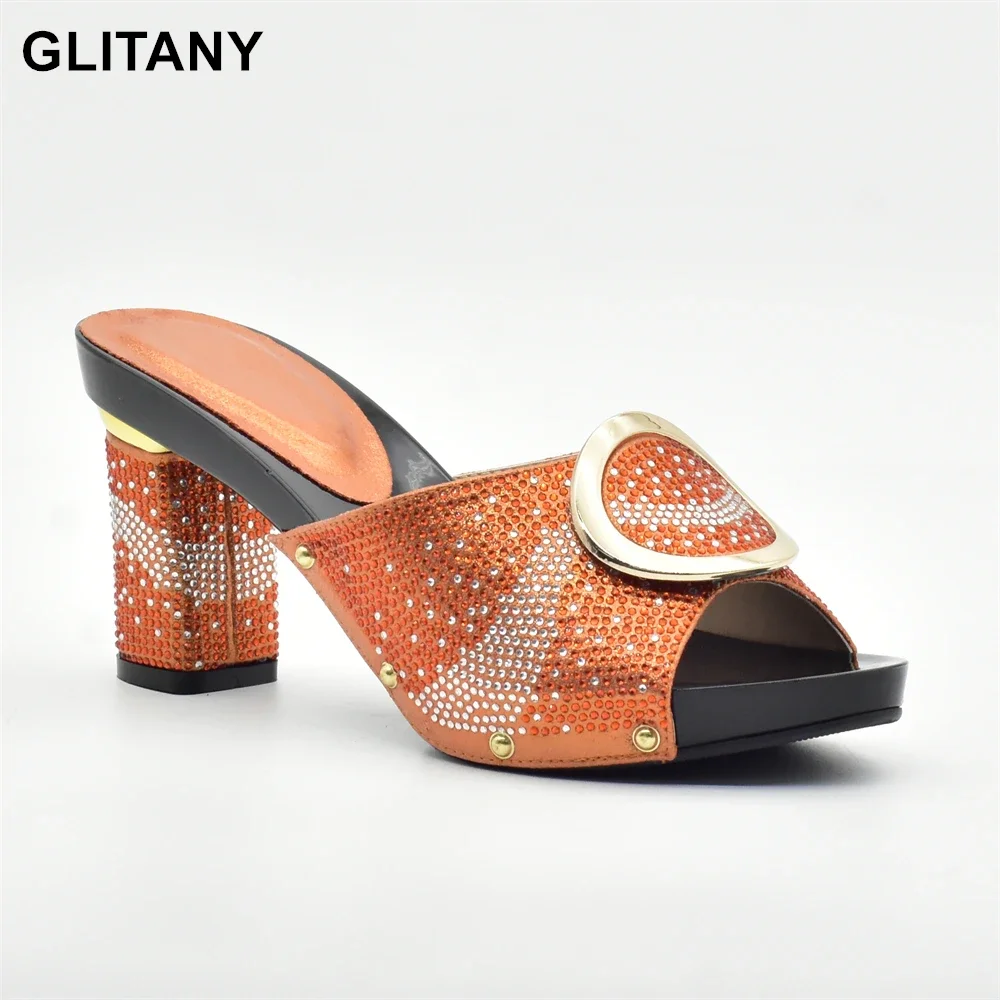 

New Orange Color Open Toe Ladies Sandals Shoes Party Wedding Shoes Decorated with Rhinestone Nigerian Shoes