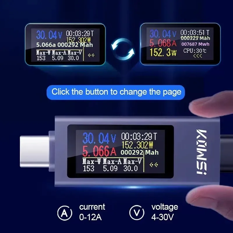 KWS-2302C Type-C Current Voltage Power Meter Bidirectional Current Tester Cell Phone Charging Tester DC 4~30V 0~12A Voltmeter