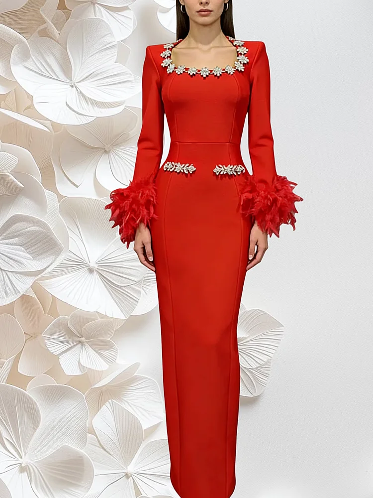 

2026 Stock Red And Black Feathers Sleeve Sparkling Rhinestone Long Dress Elegant Woman Birthday Dress Wedding Party Vestido