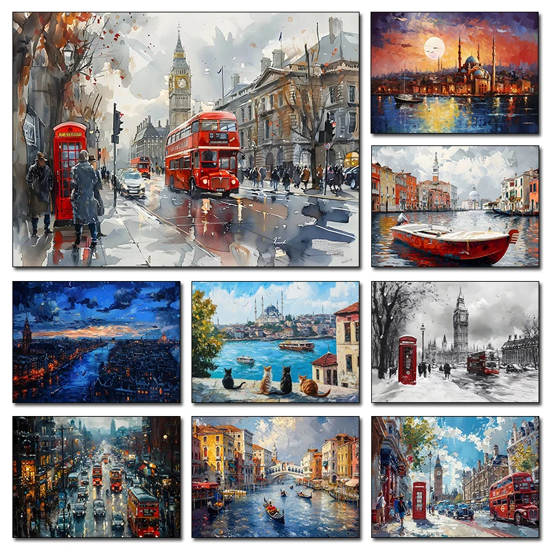أمستردام اسطنبول البندقية مدينة لندن السفر المشارك المشهد قماش اللوحة طباعة غرفة لغرفة المعيشة ديكور المنزل بدون إطار