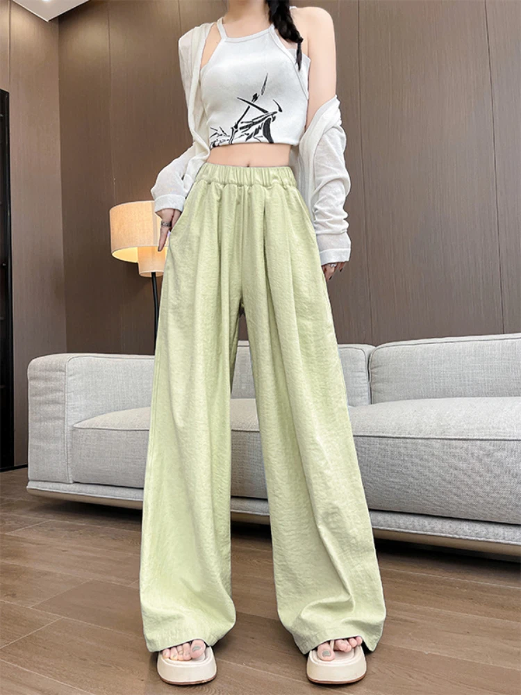 Spring Pants Women Elastic Waist Straight Solid Loose Breathable Korean Fashion All-match Clean Fit Minimalist Basics Stylish