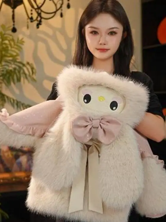 

Thiened Fur Jaet для девочек, зимнее новое поступление, теплый топ на молнии с капюшоном из искусственного меха, сладкий прямой крой, длинный свеч, чистый C...