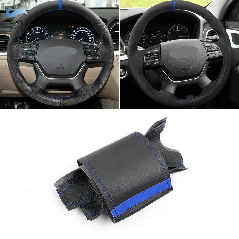 

Для Hyundai Genesis 2015 2016, перфорированная кожаная накладка на руль салона автомобиля с синей полосой