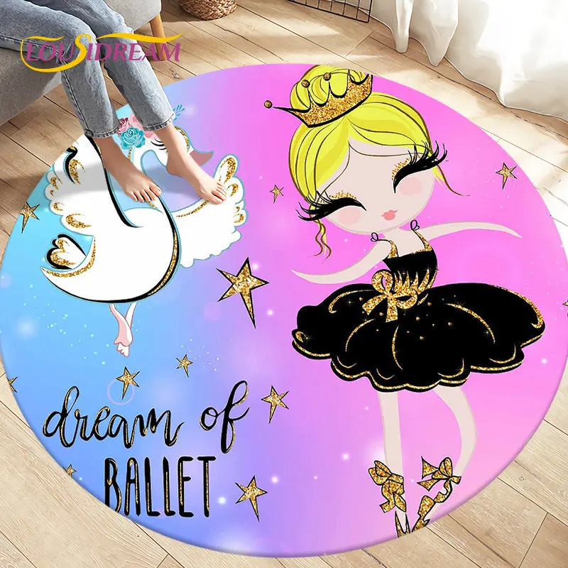 Tapis rond de bande dessinée de fille de ballet mignonne, décor de salle de jeux de sofa, salon et chambre à coucher d\'enfants, polymères de