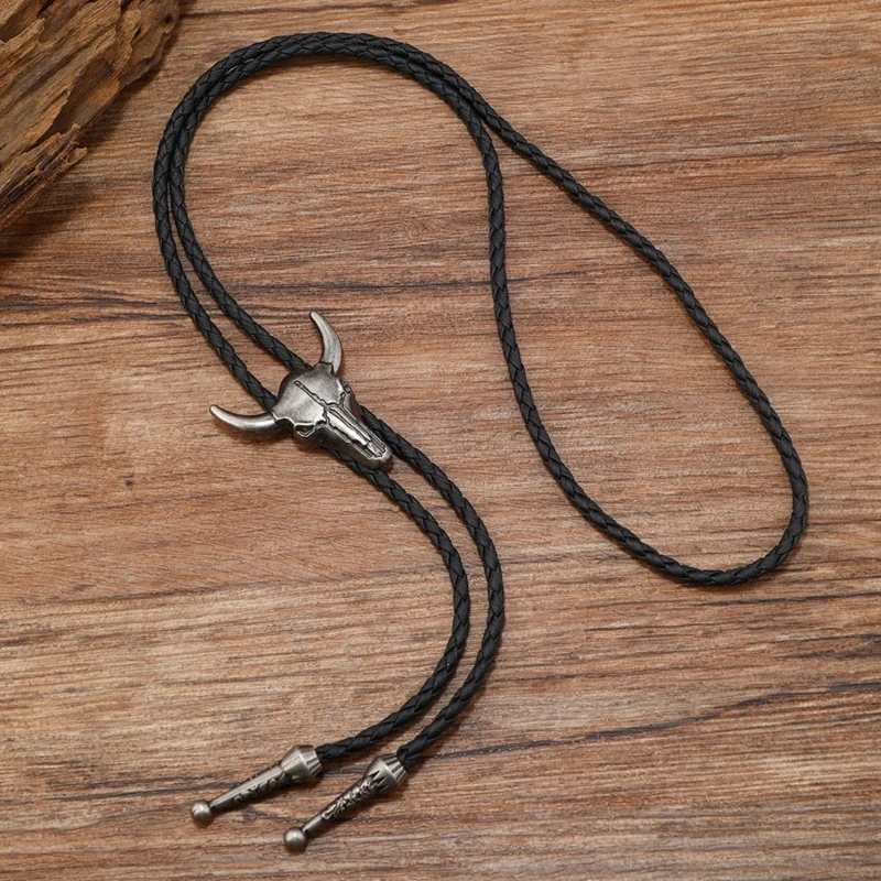 Braided Shoestring Bolo Tie with Engraving Horn Charm Cowboy Necktie Necklace Country Bolo Tie Cowboy Drop Shipping