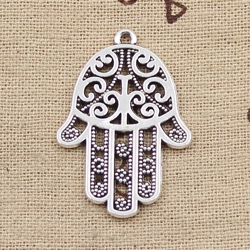 10 piezas de dijes con la imagen de la mano de Hamsa, la mano de Fatima, para protección, de 35 x 24 mm, color plata antigua, colgantes, accesorios tibetanos, para manualidades y proyectos de bricolaje.