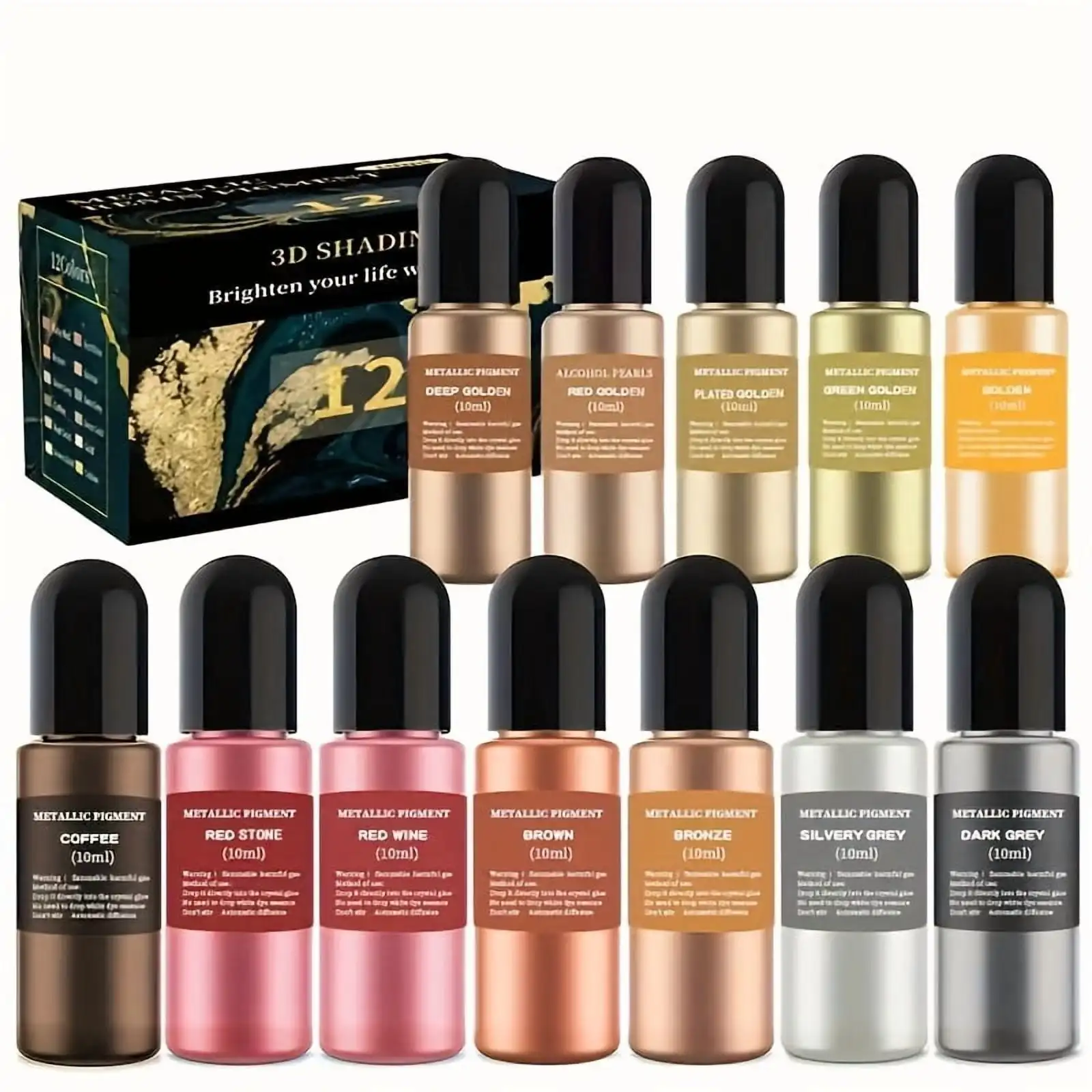 12er-Pack 10ml Metallic Alkoholtinten-Set, Ideal für Epoxidharz, Tassen, Fluid Art, Malerei, Harzschmuck, Untersetzer und DIY-Bastelarbeiten. Schnelltrocknende, alkoholbasierte Tinten mit leuchtenden,