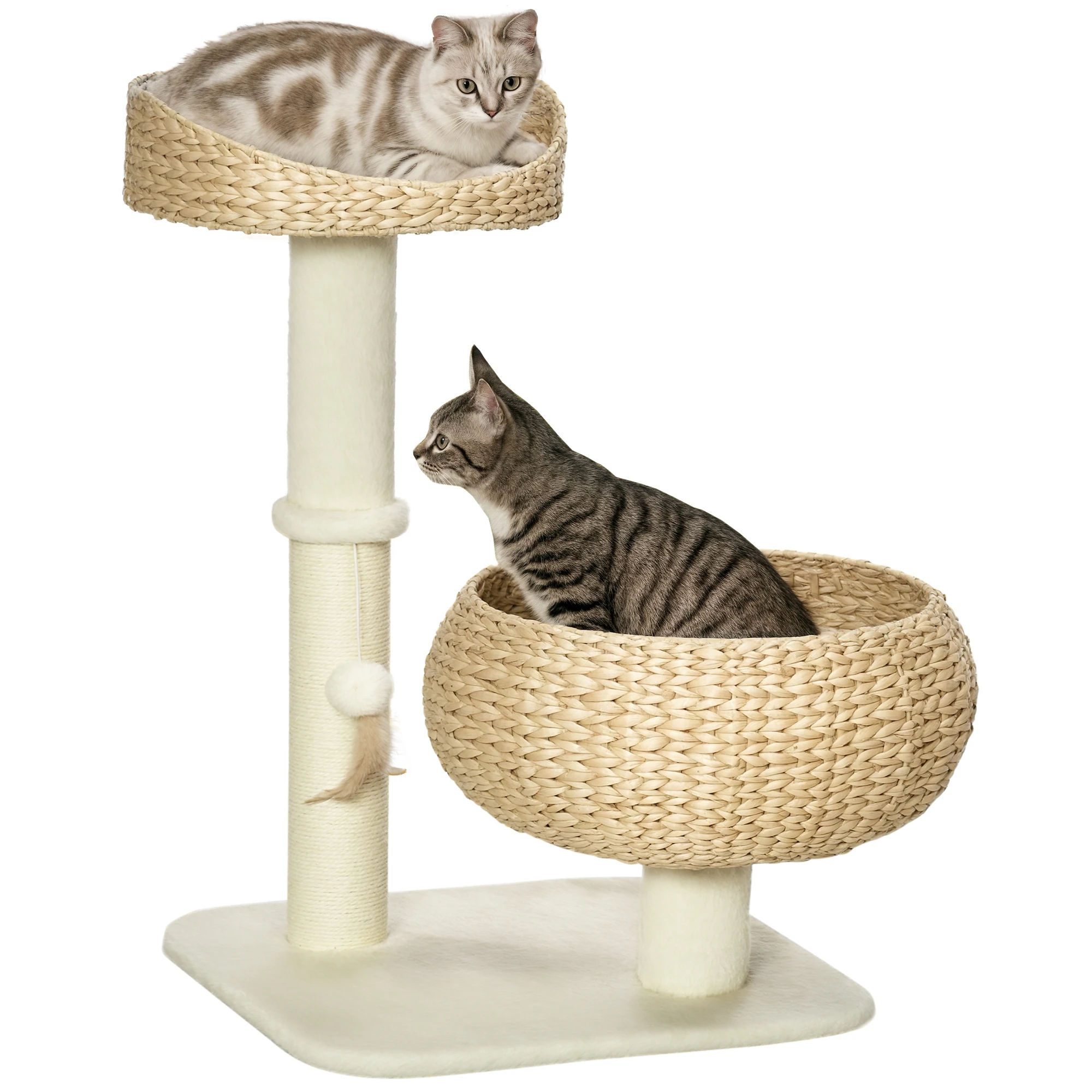PawHut kattenkrabpaal met 2 niveaus, hoogte 72 cm, sisal paal met nis en plaat. plaat 1 beige hangende bal