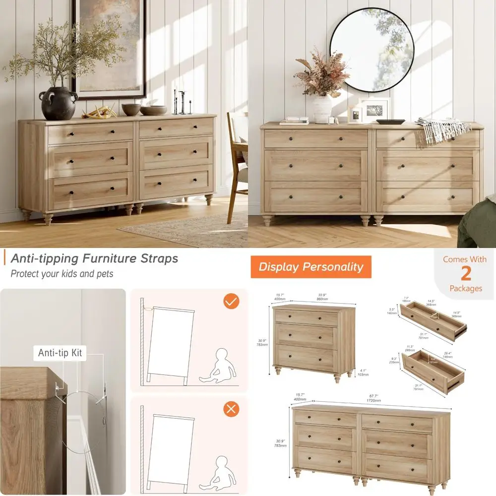 

6-Drawer Oak Bedroom Dresser with Wide Chest for Kids, Mid Century Modern Wooden Storage Closet