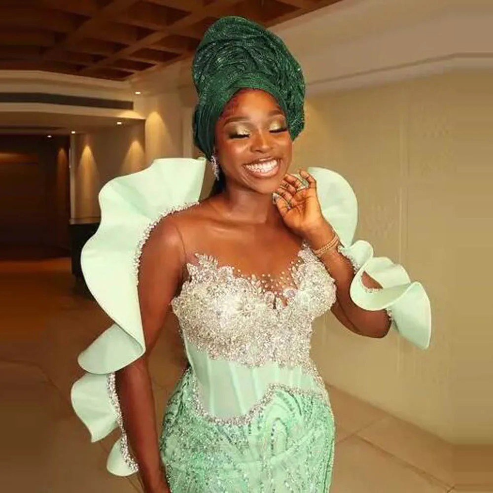 Nigerian Green Aso Ebi Evening Dresses WIth Ruffles Long Sleeves Lace Wedding Bridal Dress African Formal Plus Size Prom Dress