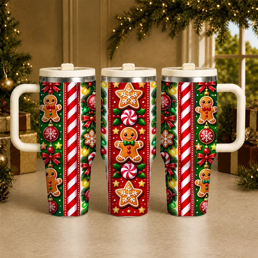 Christmas Gingerbread Candy Vacuum Flasks 40oz Stainless Steel Insulated Tumbler with Handle & Straw Lid, Leakproof Travel Cup