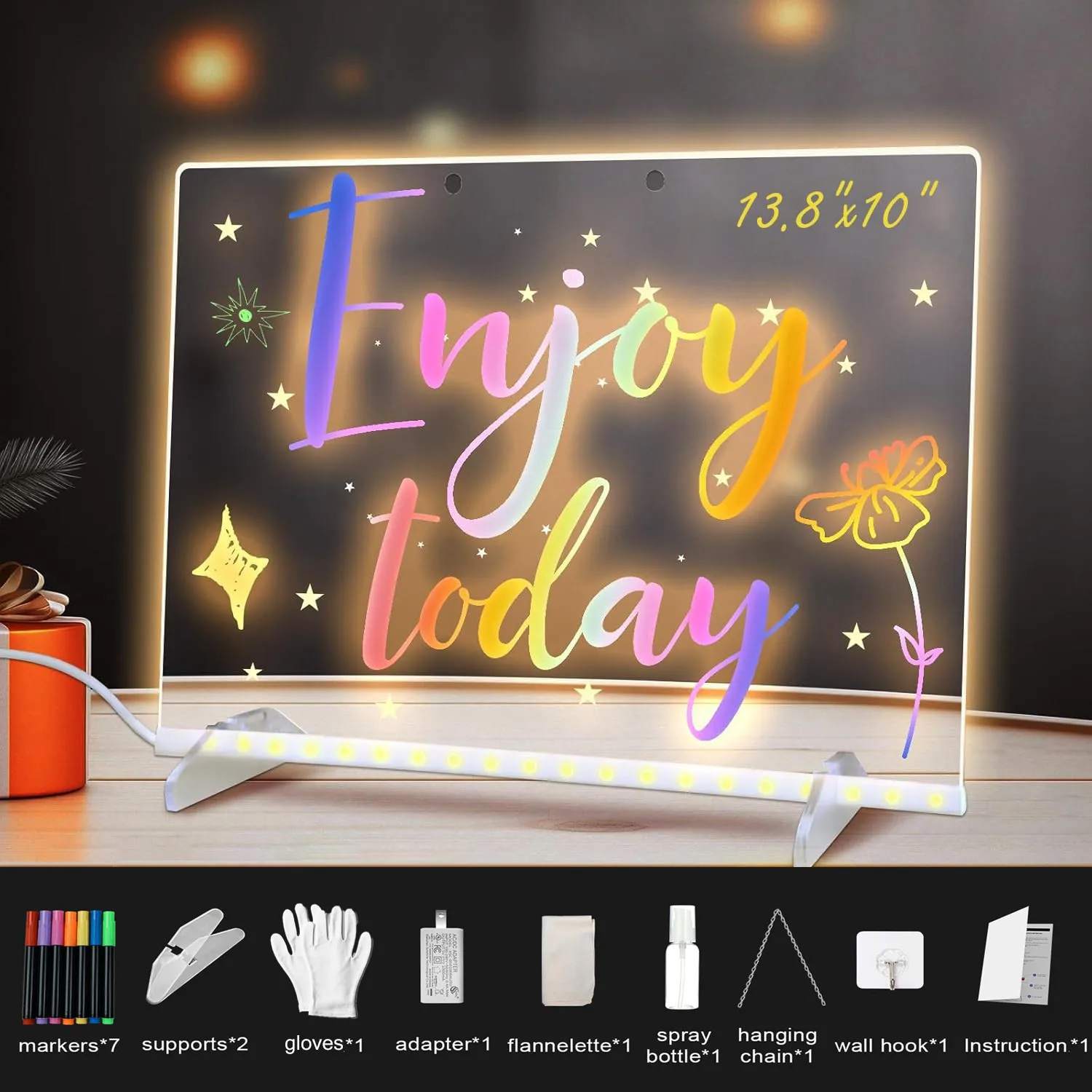 LED Acrylic Writing Board with Stand, Reusable Light Up Dry Erase Message Board for Notes, Reminders, Kids Drawing, Doodle, Office Desk, Cafe Menu & Small Business Display