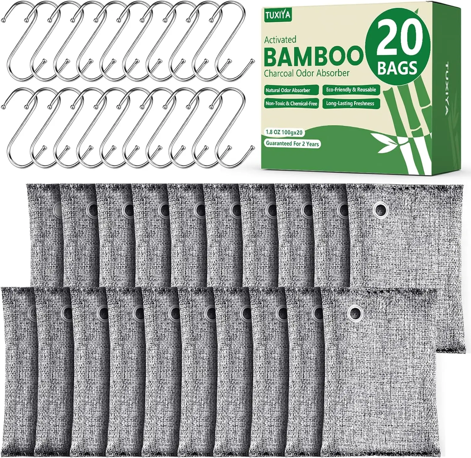 

20 Pack Charcoal Odor Absorber for Car, Closet, Shoes - Bamboo Air Purifying Bags with Hooks