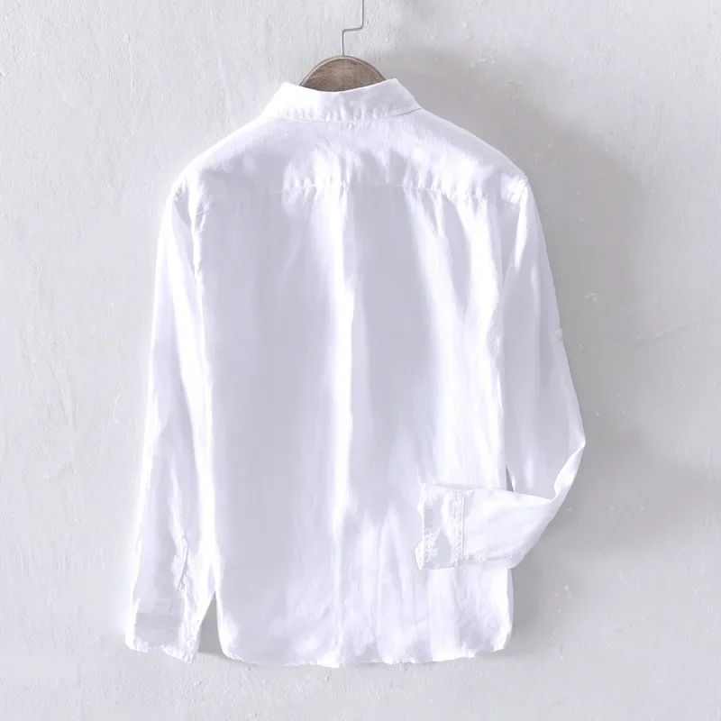 Hemp Shirt for Men Long Sleeve Casual White Button Shirt Tops Male Pure Linen Vintage Solid Color Turn-down Collar Clothing