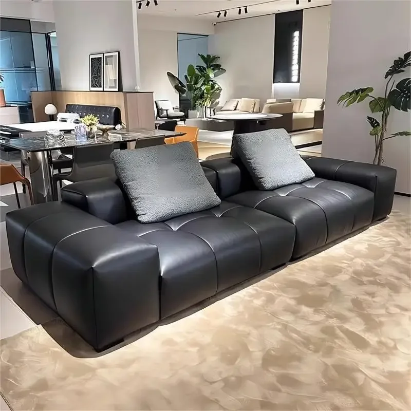 Living room first layer cowhide black leather straight row sofa combination