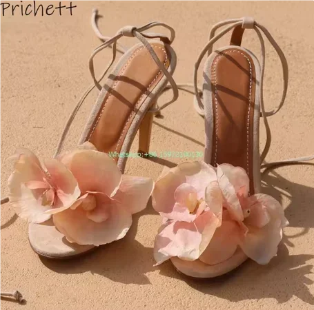 White Flower Cross Tied Sandals Round Toe Thin Heels Ankle Band Shoes Summer Lovely Sexy Boat Orchids Summer Vocation Shoes