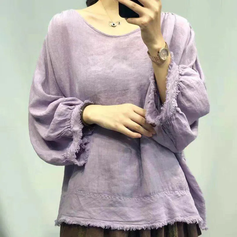 Johnature Summer New Solid Color Tassel Vintage Linen Women Tops 2024 New Casual O-neck Batwing Loose 2 Colors Female T-Shirts