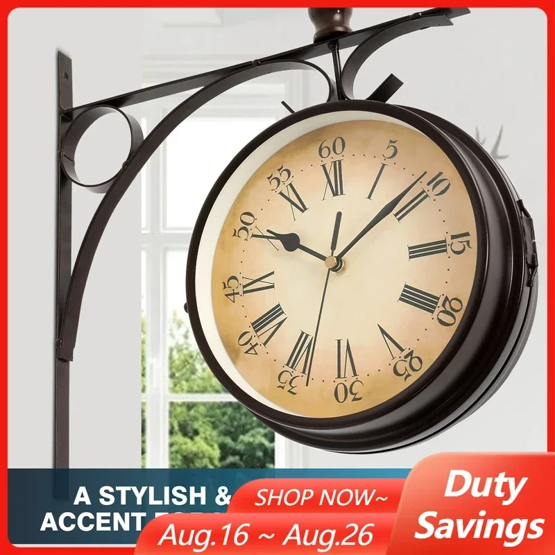8.7inch Antique Wall Clock Double-Sided European Wall Hanging Clock for Indoor Garden Living Room Study Room Stand Clock Decor