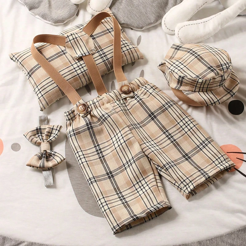 Ylsteed 4 Pieces Set Newborn Props Plaid Outfit for Photoshoot Baby Boy Overalls With Hat Posing Pillow Infant Studio Clothes