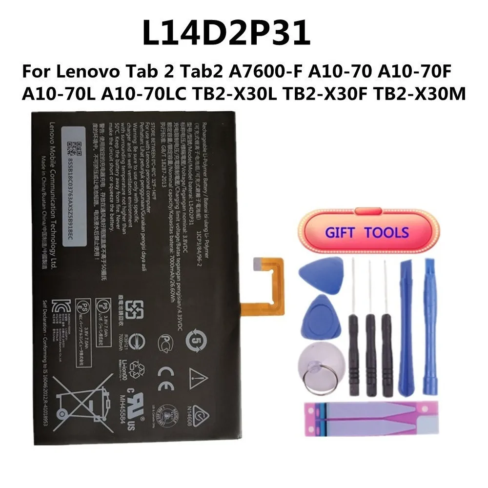 Batería L14D2P31 7000mAh para Lenovo Tab 2 Tab2 A7600 A10-70 A10-70F A10-70L A10-70LC TB2-X30L TB2-X30F TB2-X30M batería