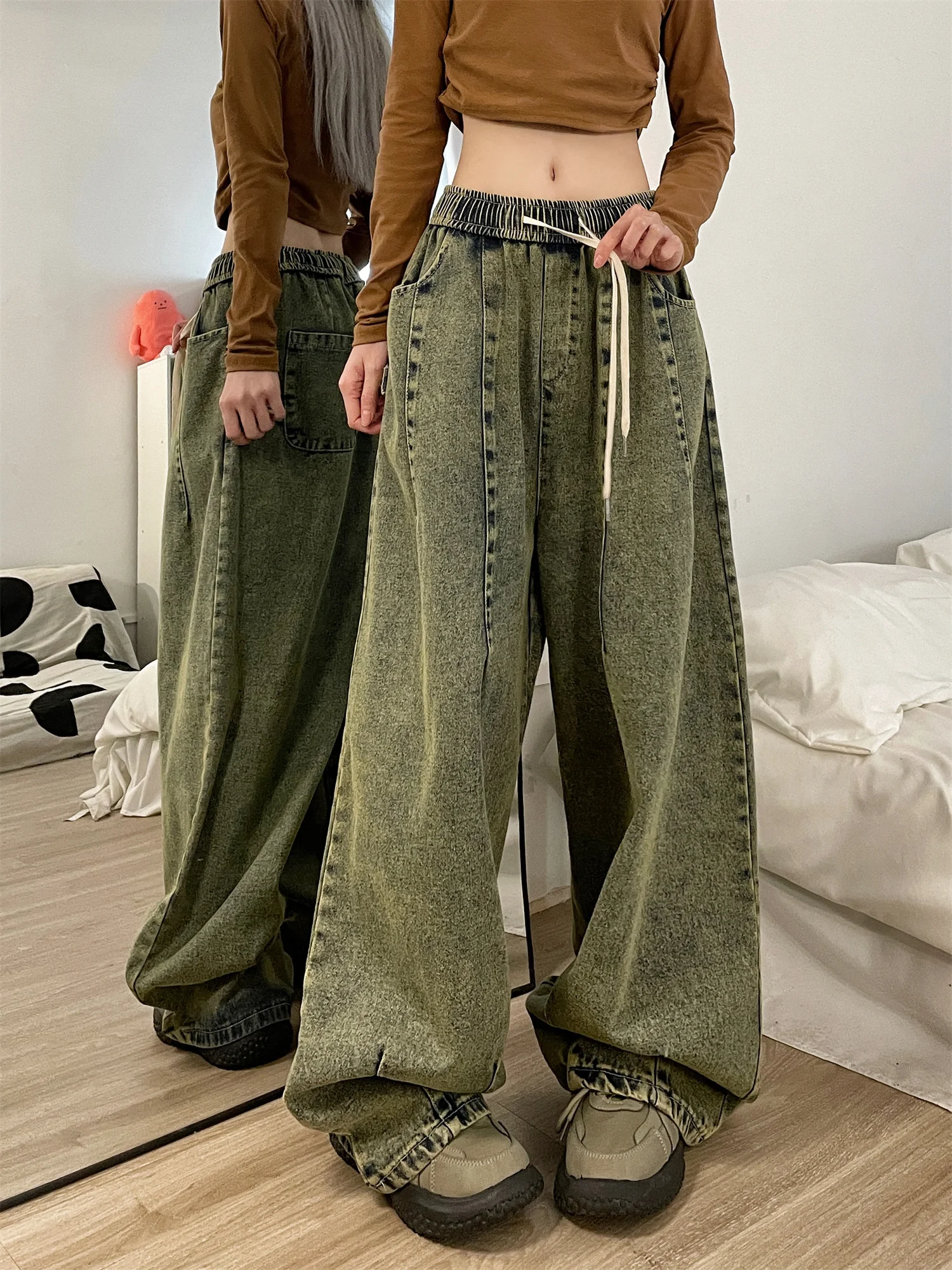 Women Green Gothic Jeans Harajuku Y2k Vintage Baggy Denim Trousers 90s Aesthetic High Waist Wide Jean Pants 2000s Trashy Clothes