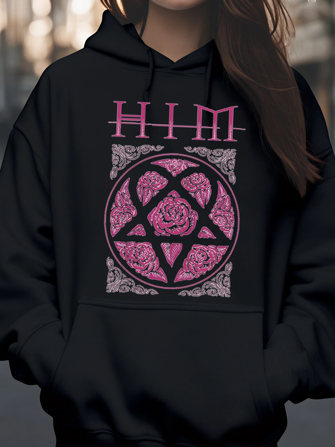 

Толстовка с капюшоном с логотипом розовых роз и пентаграммой на Хэллоуин, готическая модная женская уличная одежда
