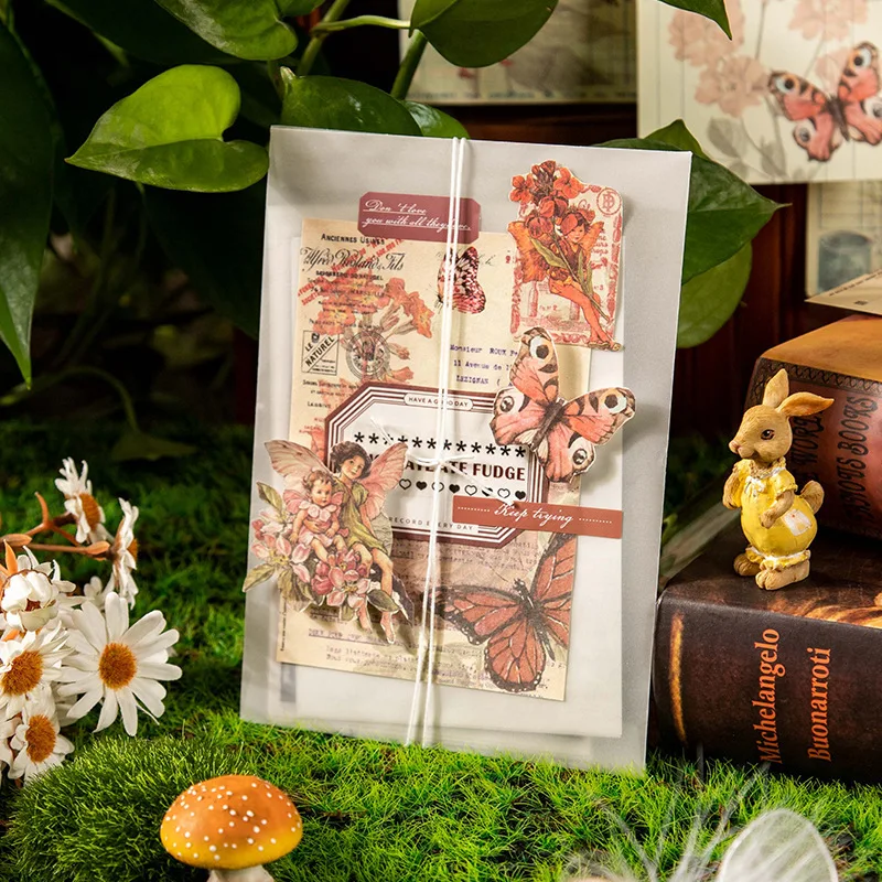 Retro Collage Base Paper, Flor Vermelha Azul Rosa, Butterfly FairyFairy Material, Selo Scrapbook Decoração, 50 Pcs