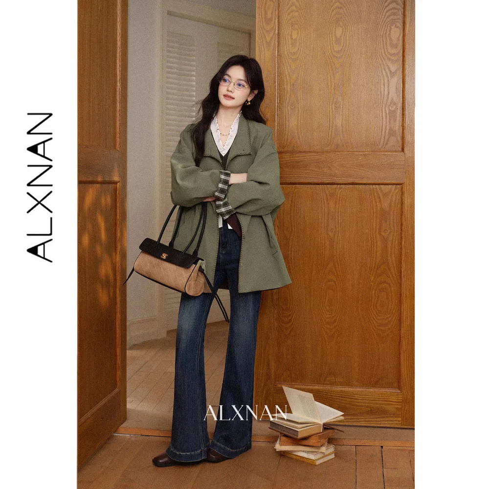ALXNAN Vintage Trench Coat Women Autumn Versatile Casual Green Plaid Spliced Mid-length Jacket 2026 Fashion Outwear L68065