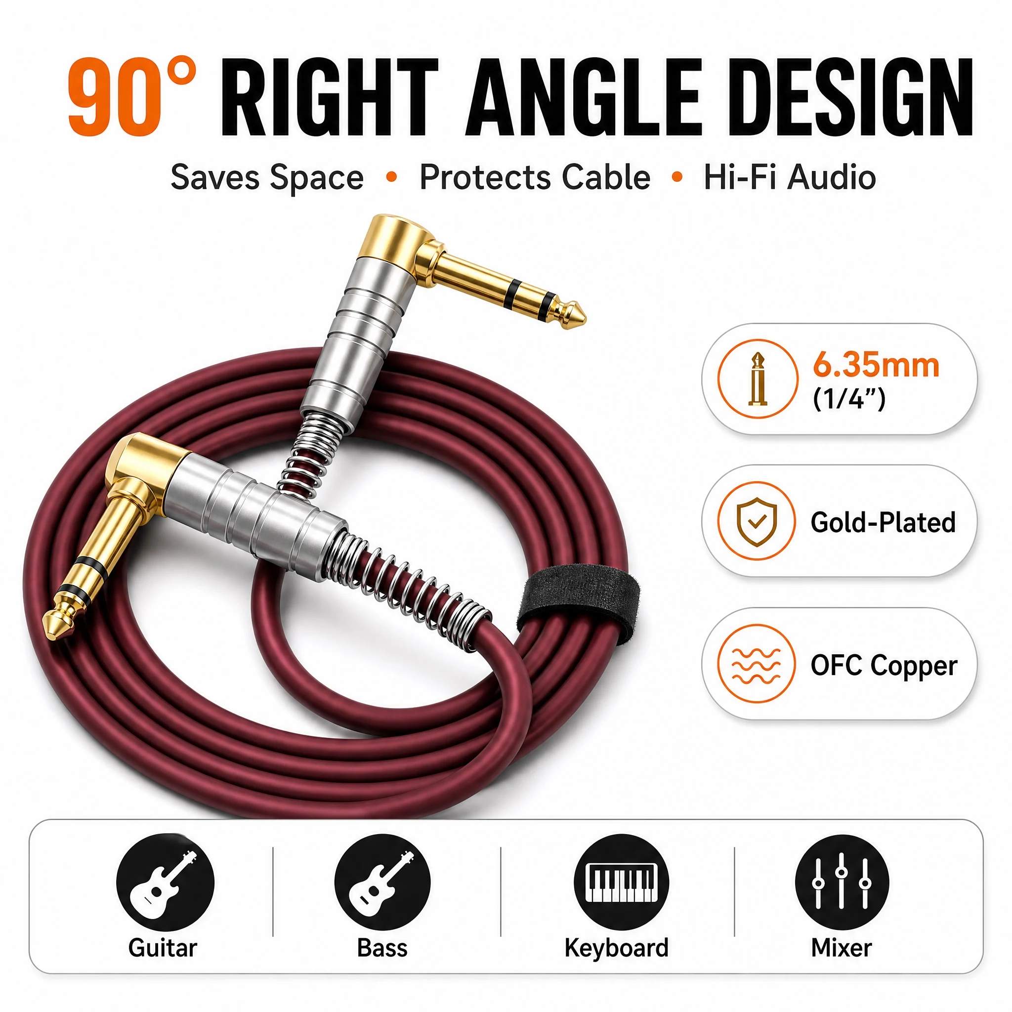 90 °   Rechtwinkliges 6,35mm 1/4 Zoll Gitarren-Audiokabel OFC Doppelt geschirmtes, plattiertes Steckerkabel für Gitarrenmixer und Verstärker