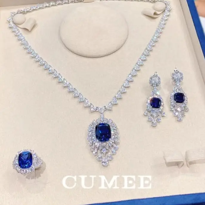 CUMEE New Love Chain Luxury Royal Blue Cultivated Synthetic Blue Gemstone Necklace Ring Women Silver Gold-plated Necklace