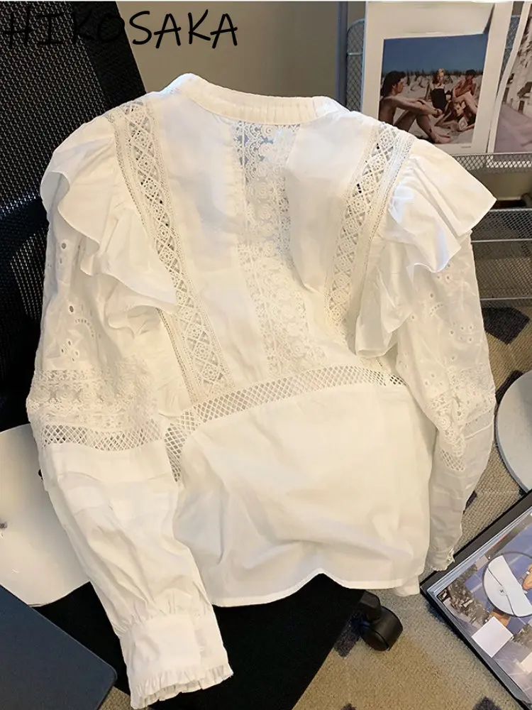 White Patchwork Lace Hollow Out Shirt Solid Simple Temperament Blusa 2024 Spring French Style Ruffles O-Neck Women Blouse