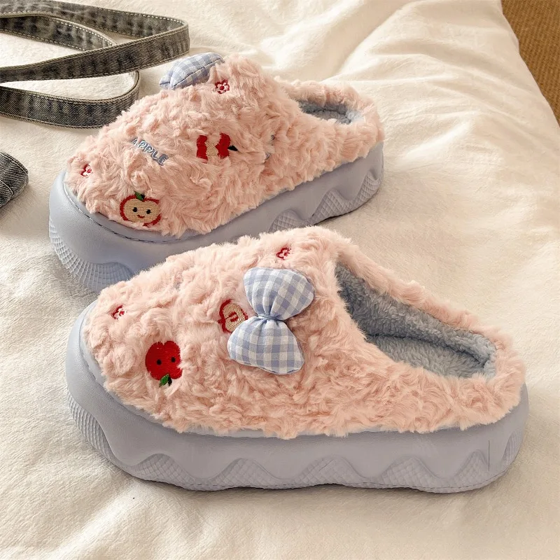 

Winter Warm Plush Women's Cotton Slippers Cute Apple Bow Hairy Shoes Home Thick Bottom Anti slip Comfortable Indoor Slippers