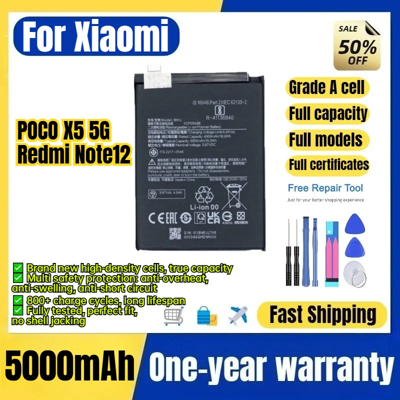 BN5J for Xiaomi POCO X5 5G/Redmi Note12 Phone Battery 0 Cycle High Capacity Battery Replacement Bateria Grade A Cell with Tools