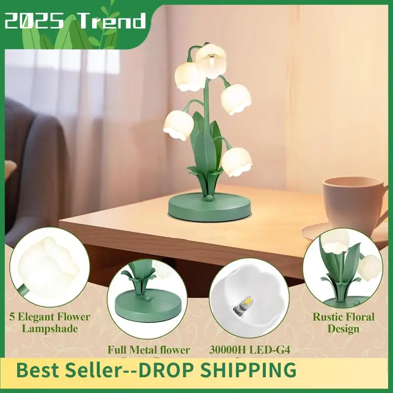 AD33 HOT Vintage Flower Table Lamp For Home, 5 Lily Of The Valley Bedside Lamps 3 Color Modes Nightstand Lamp For Bedroom US Plu