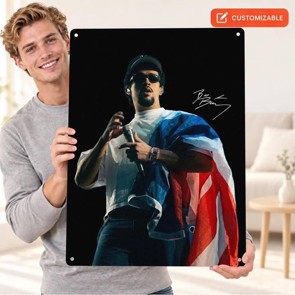 Bad Bunny Performing With Puerto Rican Flag Singer Aluminum Poster Personalized Metal Sign Modern Musical Wall Art For Man Cave
