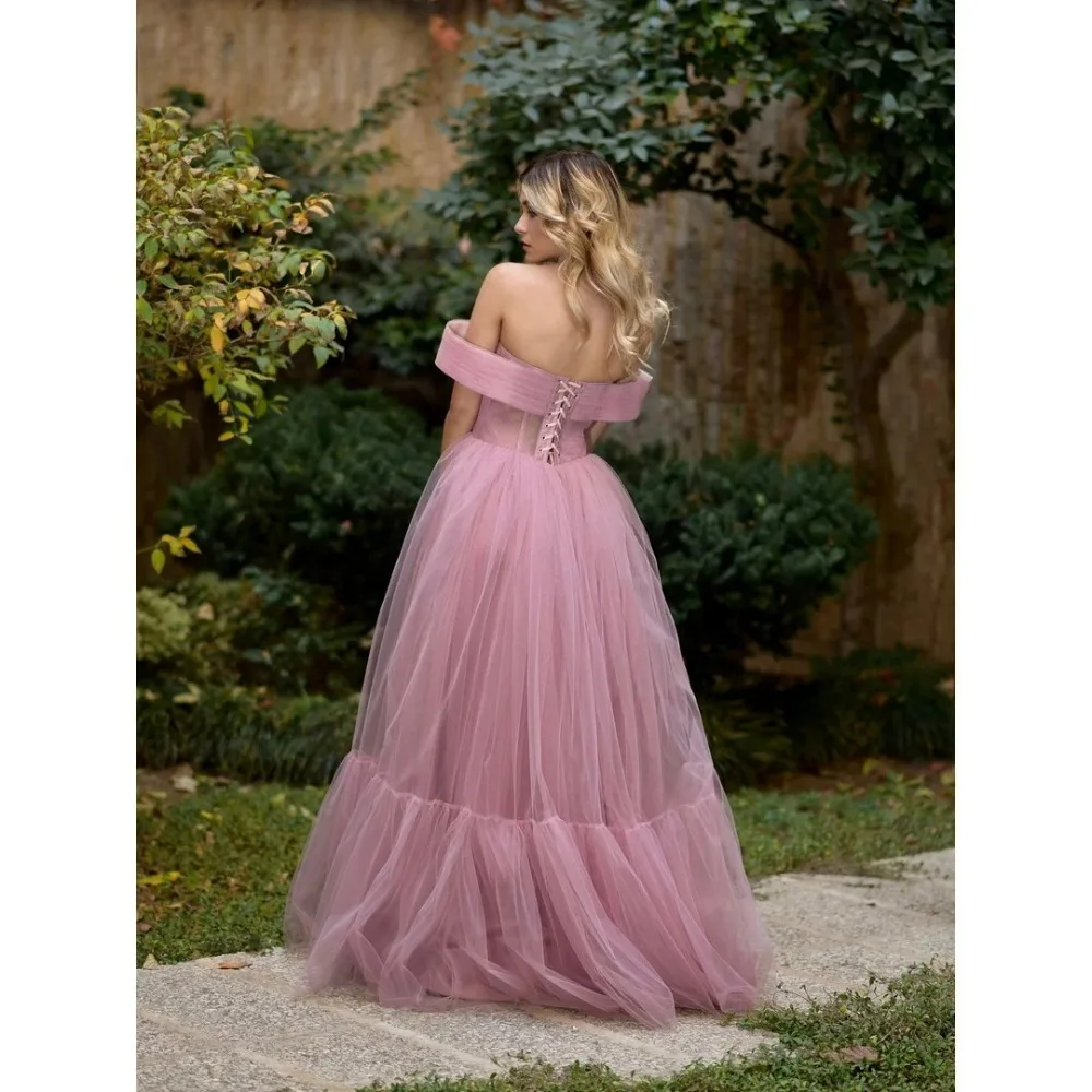 Customized Off Shoulder Chiffon A-line Pink Evening Gown 2026 with Pleated Corset and Layered Ball Dress Suitable for Weddings