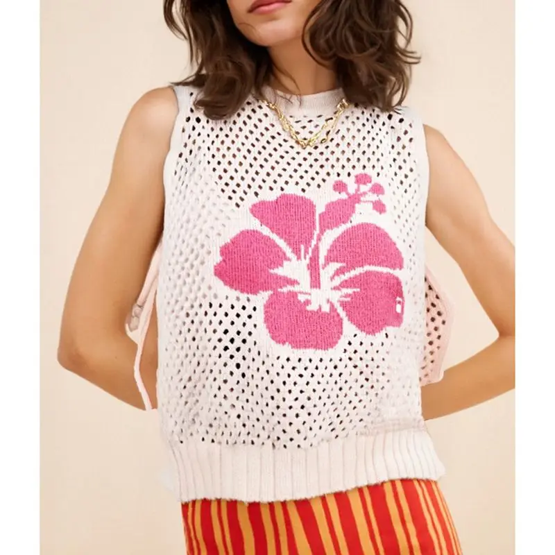 

Combhasaki Women Summer Y2K Aesthetic Floral Print Sweater Vest Sleeveless Round Neck Hollow Out Knitwear Side Bow Tied Tank Top
