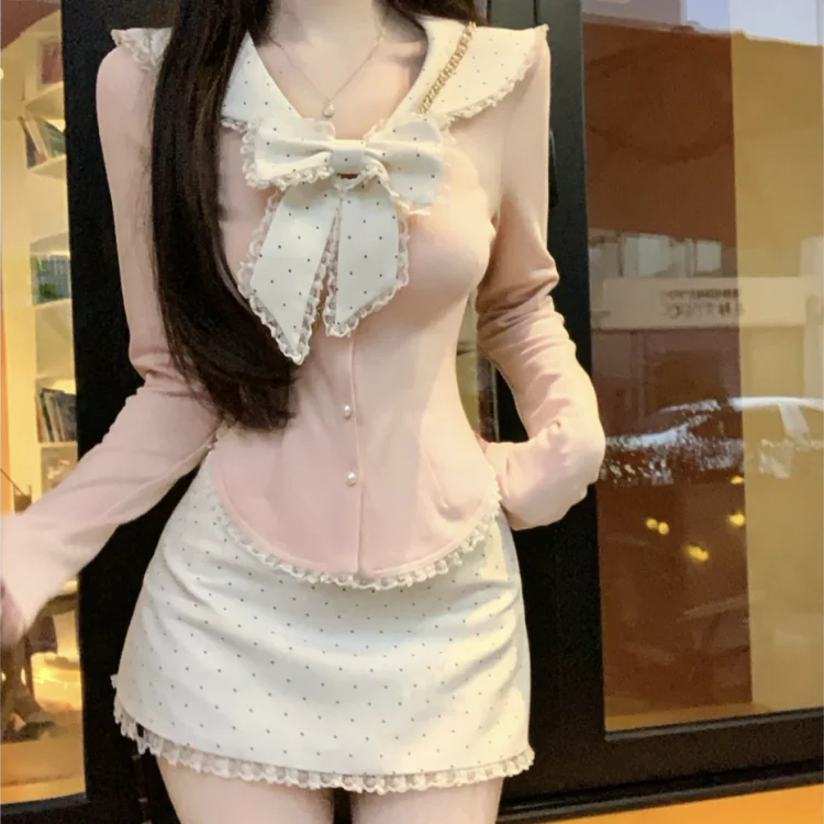 

Элегантные корейские комплекты юбок из 2 предметов, женские повседневные укороченные топы Y2k, блузки, пальто + юбки в горошек, винтажные костюмы 2000-х годов, женские осенние шикарные костюмы