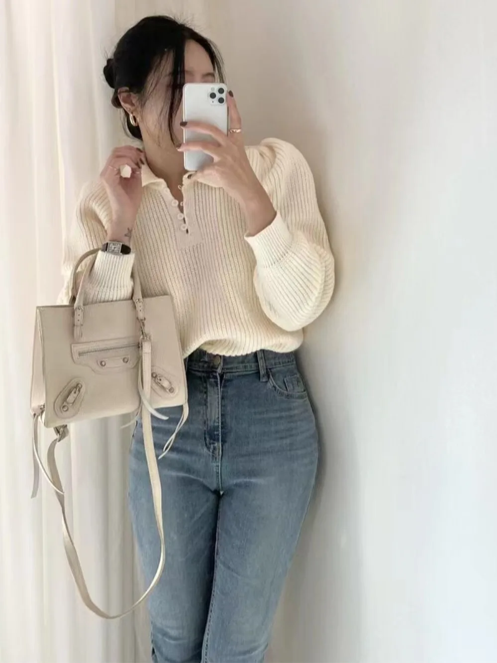 الكورية Sle المرأة محبوك سترة فقاعة Sve العلوي التخسيس خمر طوق الخريف الشتاء Faionable رداء علوي غير رسمي #5