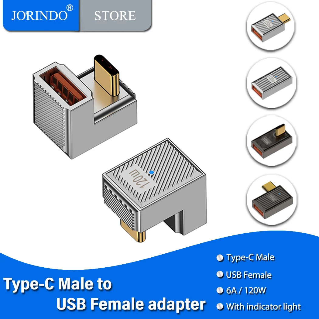 JORINDO Type-C to USB male/female to female 120W with lamp adapter,10Gbps high-speed transmission,6A/120W charging convertor